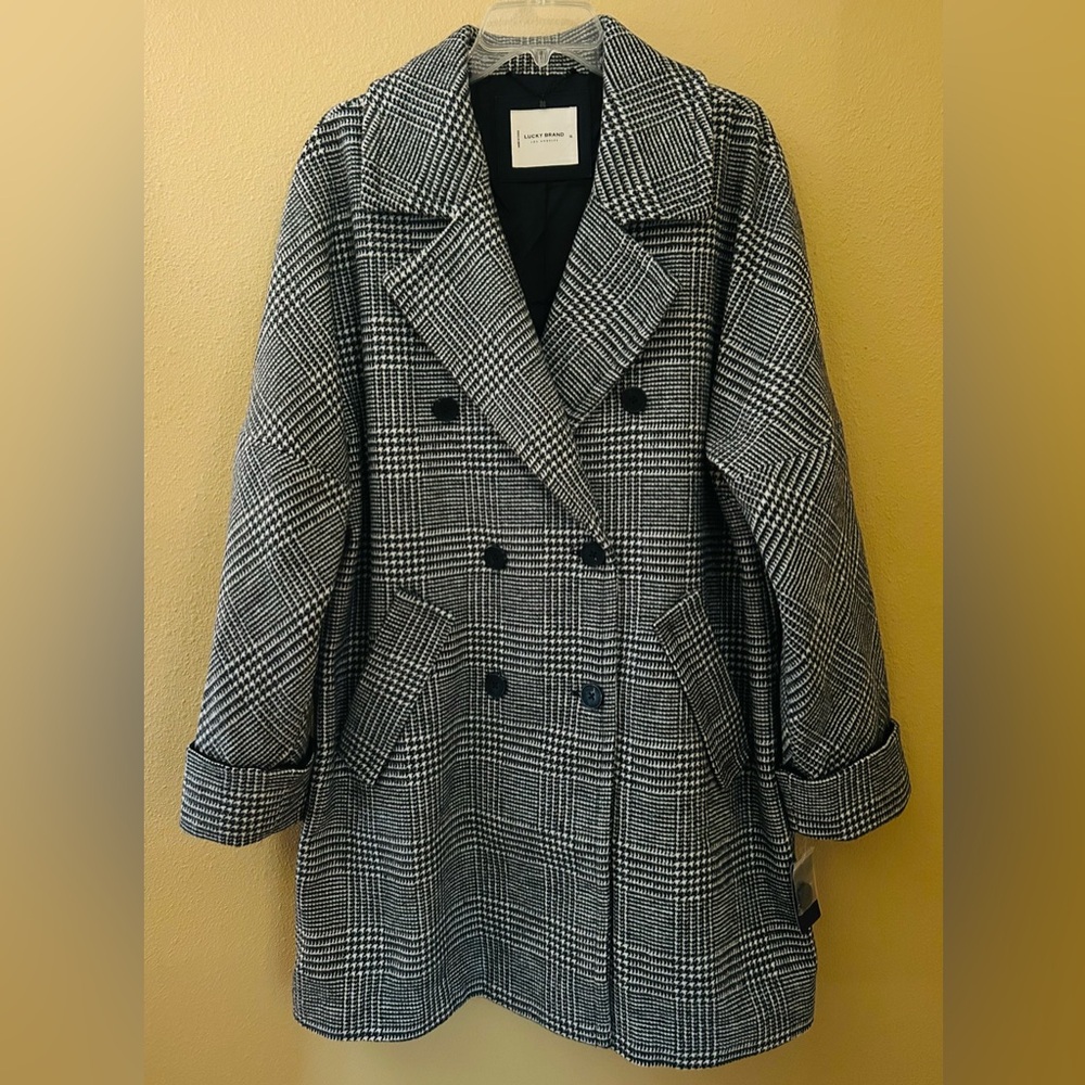 LUCKY BRAND Winter Coat Black Plaid Wool Blend Button Down Women’s XL NWT